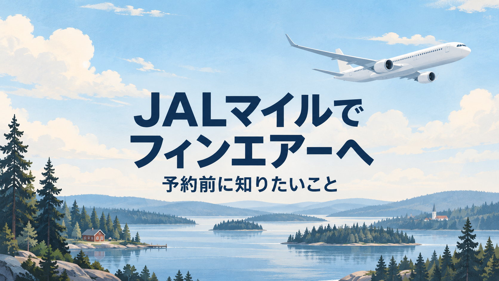 JALマイルでフィンエアーへ。飛行機と北欧の湖を描いた予約ガイドのイラスト